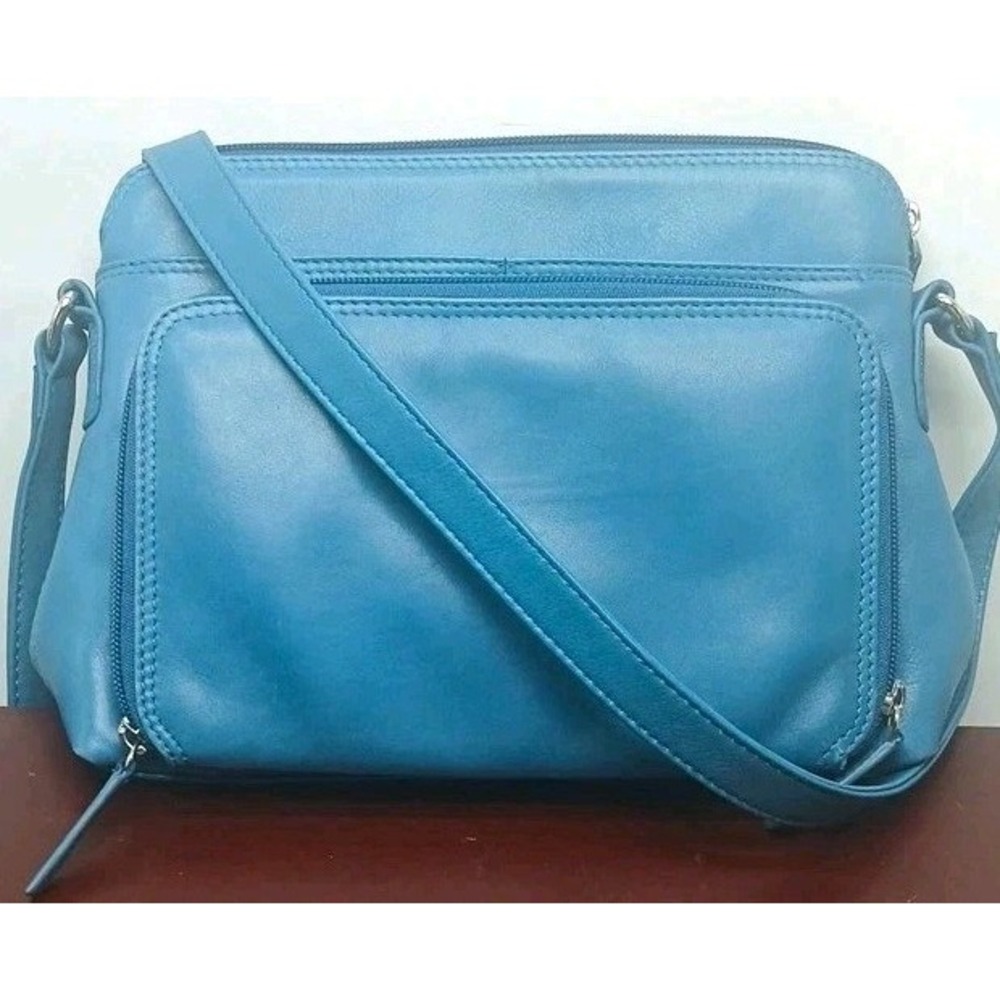 New York blue Leather Small Crossbody Bag Zip Closure Outer Pocket 20" strap